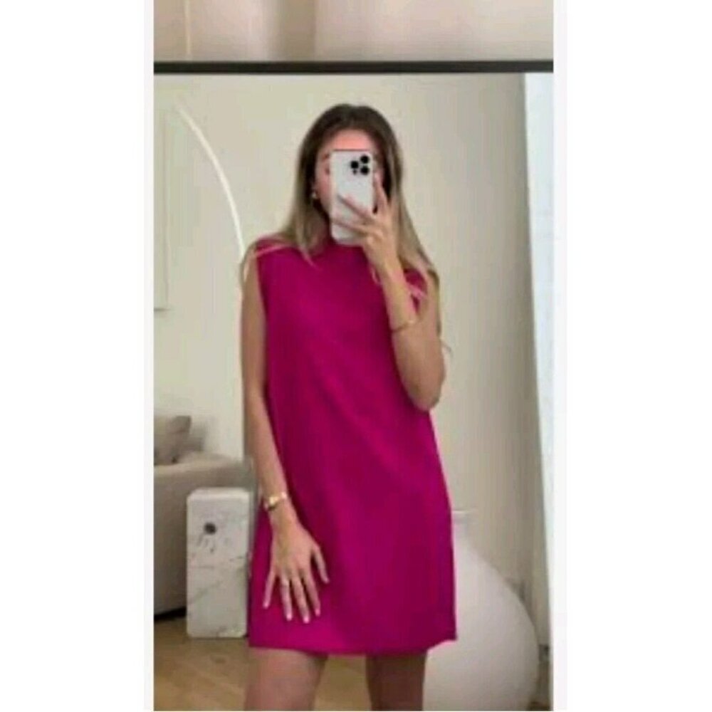 ZARA NEW WOMAN SHORT DRESS WITH SHOULDER PADS NEON FUCHSIA S 9479/064